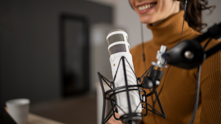 woman using a microphone to record for ivr
